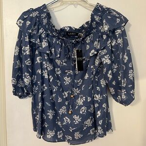 Lauren Ralph Lauren Navy Blue Floral Ruffle Peasant Blouse